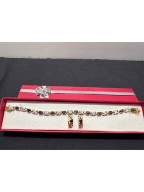 Gold & Silver-Tone Bracelet & Earrings Set With Sapphire-Style Stones 7.5-Inch L